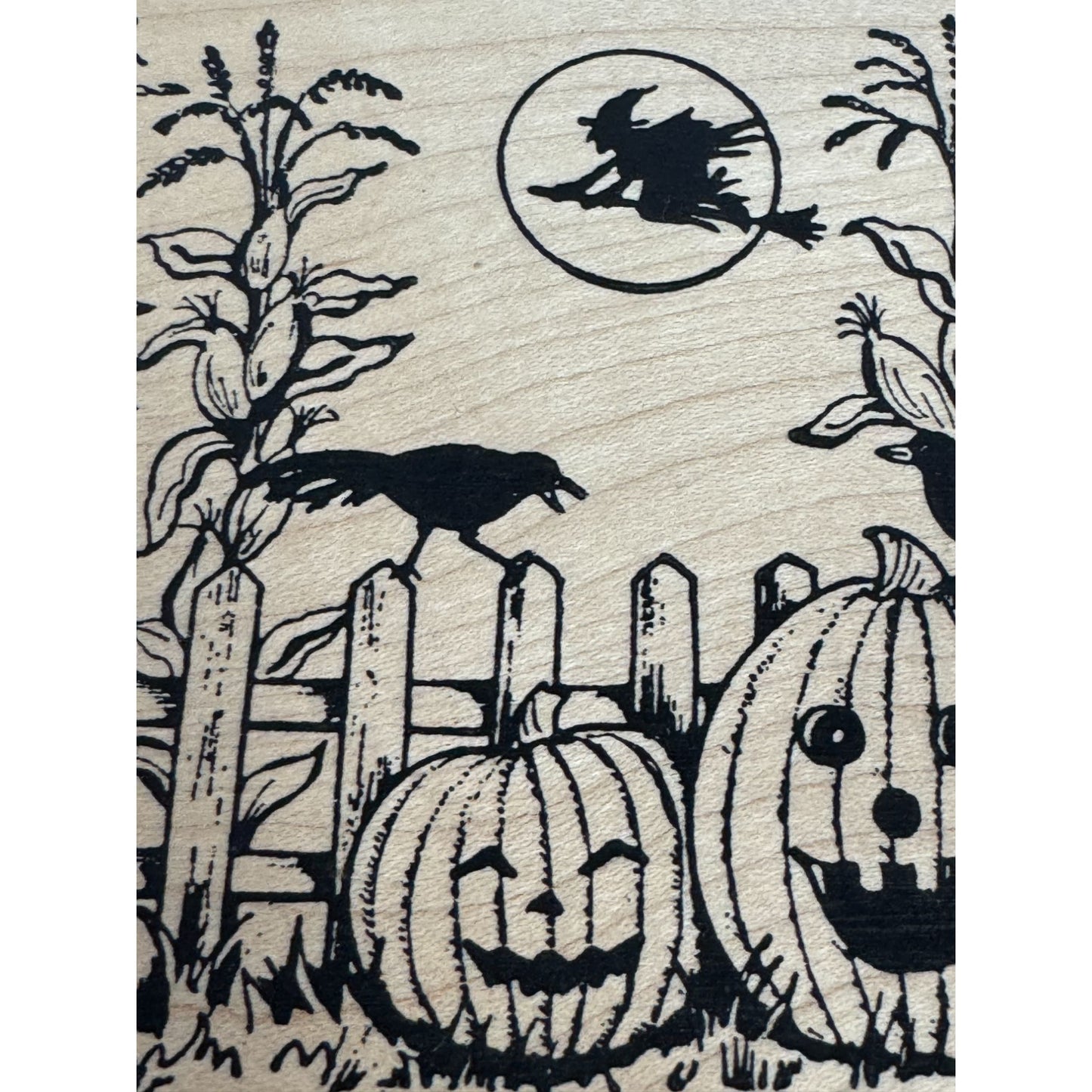 Northwoods Rubber Stamp Halloween Scene Witch Moon Pumpkin Cornfield Crow Fence