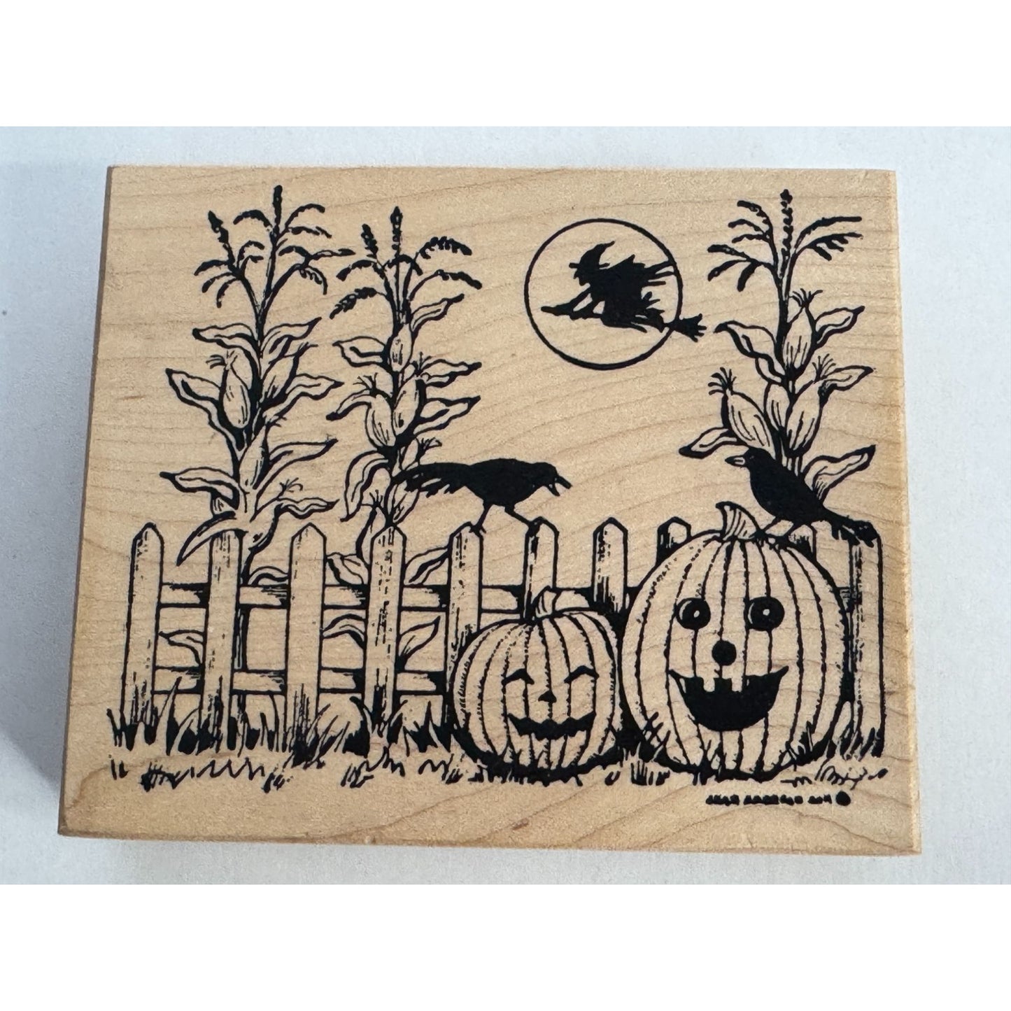 Northwoods Rubber Stamp Halloween Scene Witch Moon Pumpkin Cornfield Crow Fence