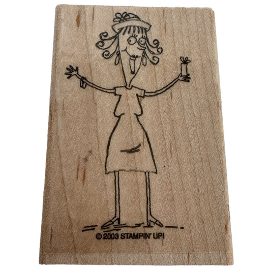 Stampin Up Rubber Stamp Funny Lady Holding Birthday Gift Box Present Smiling