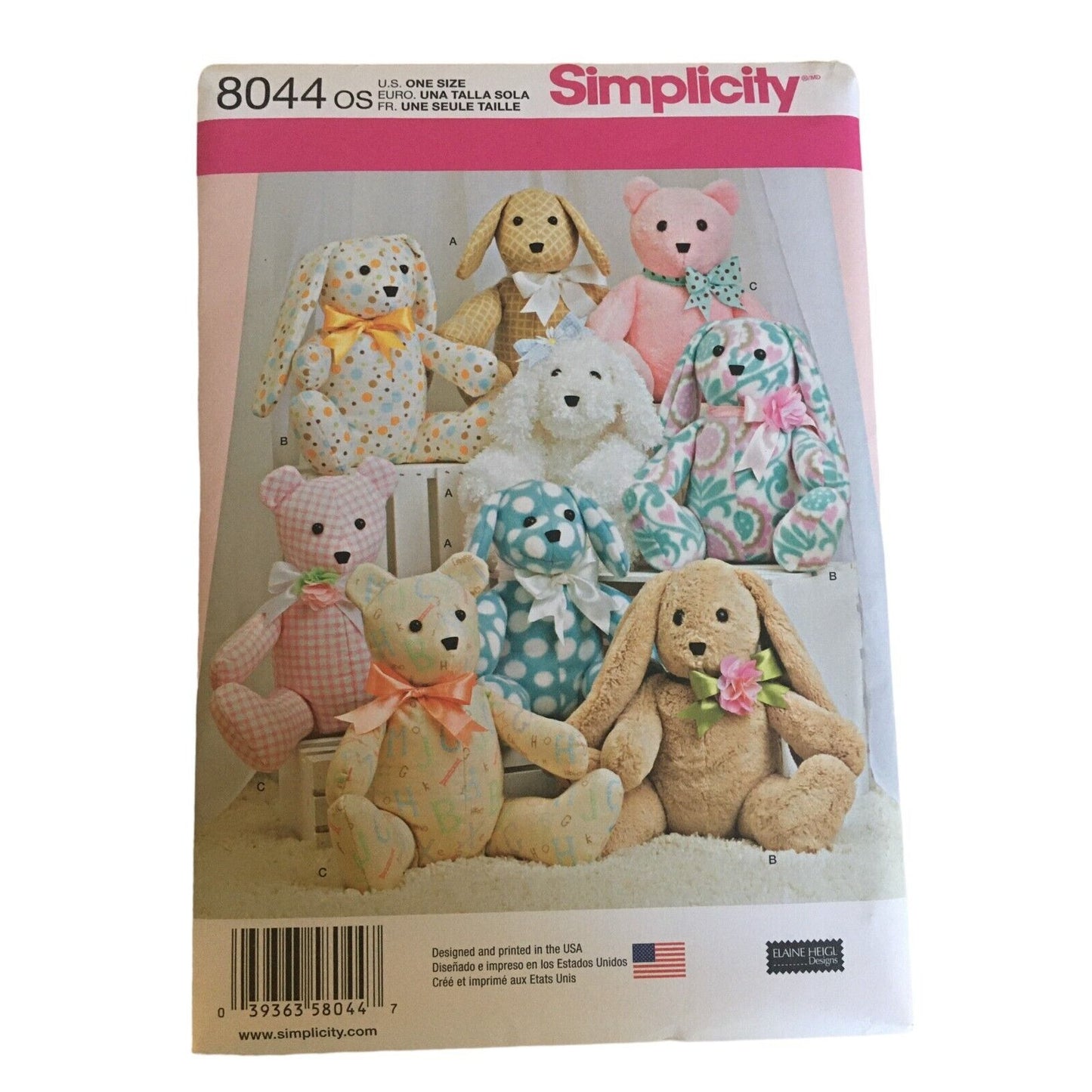 Simplicity Sewing Pattern 8044 Stuffed Animals Teddy Bear Dog Rabbit 14" Uncut