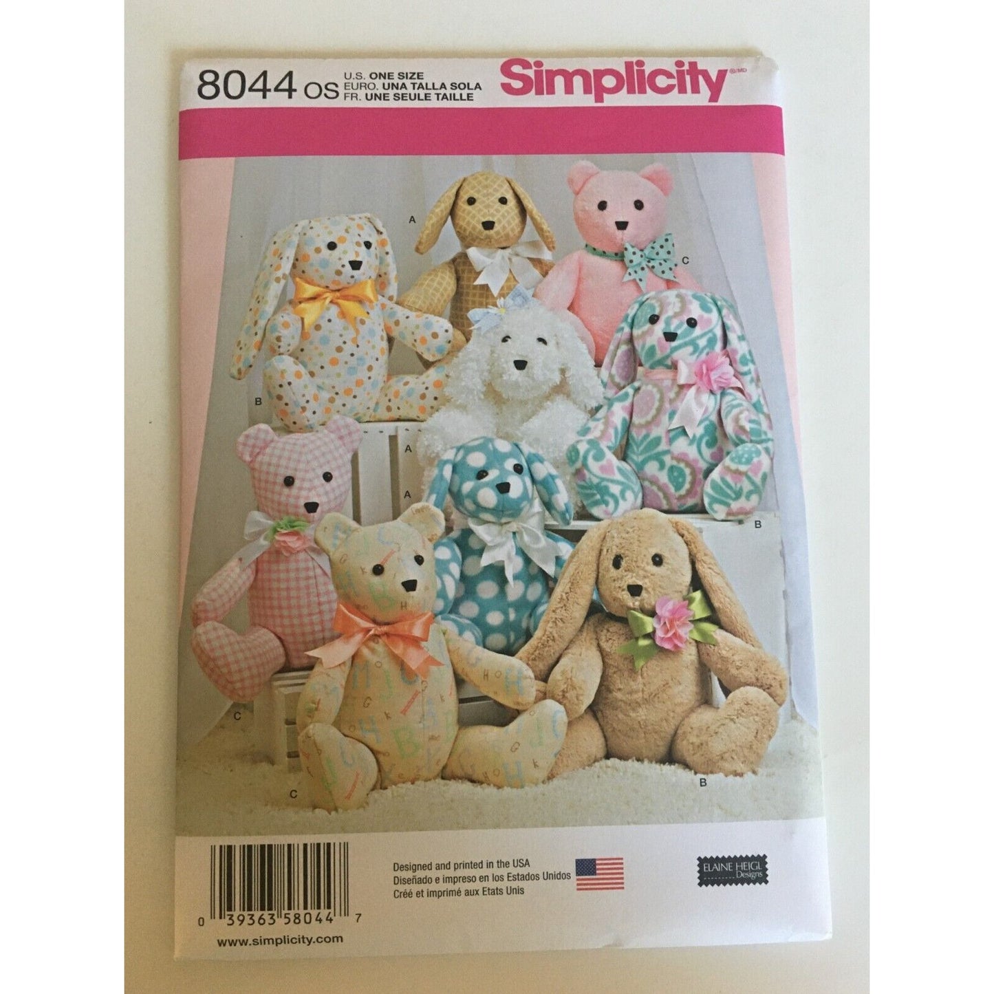 Simplicity Sewing Pattern 8044 Stuffed Animals Teddy Bear Dog Rabbit 14" Uncut