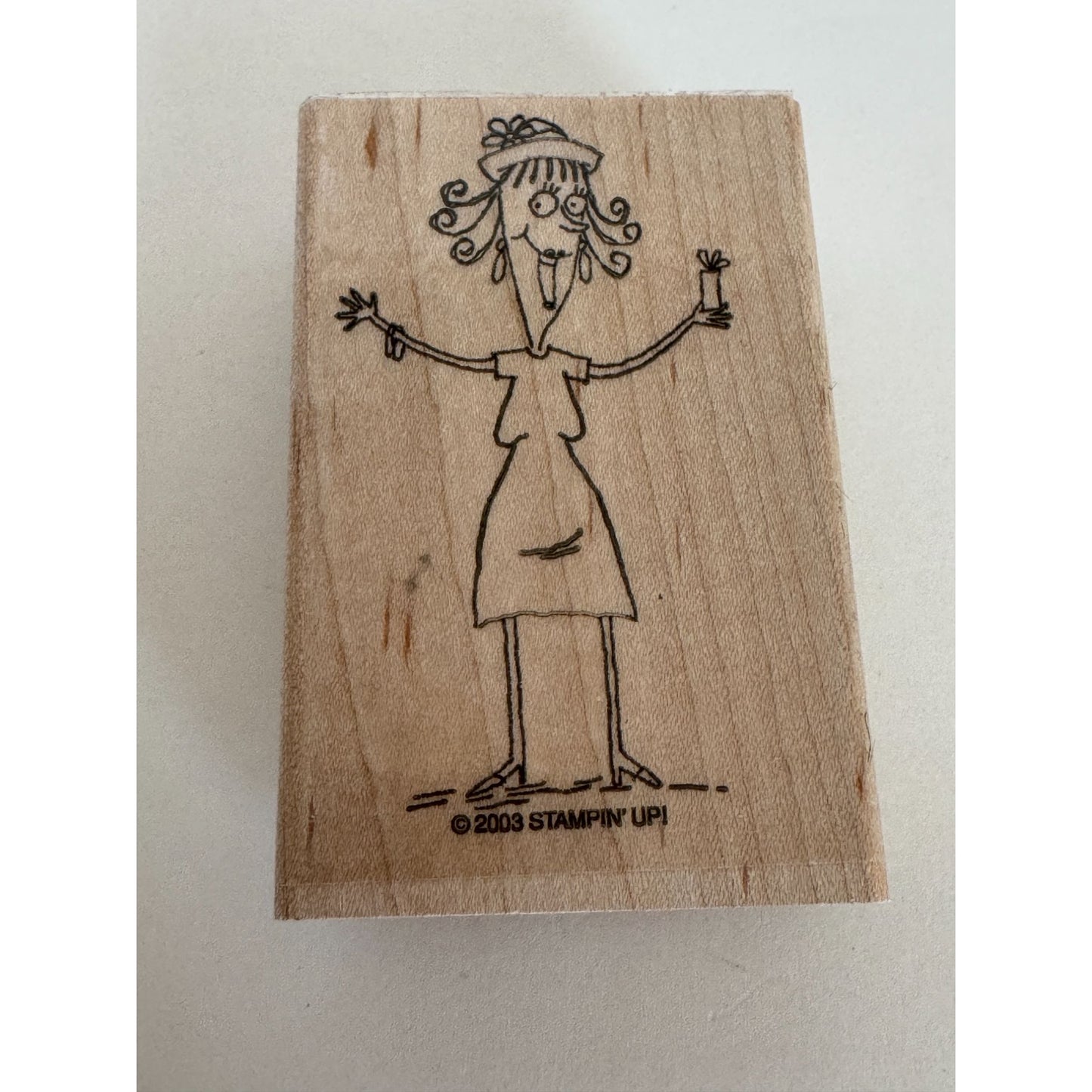 Stampin Up Rubber Stamp Funny Lady Holding Birthday Gift Box Present Smiling