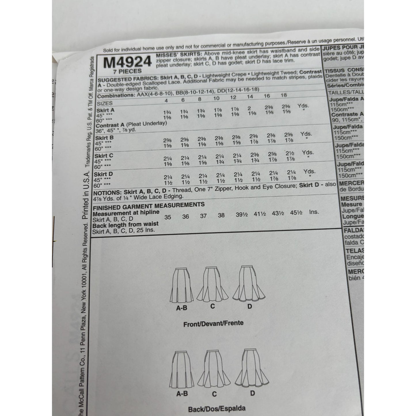 McCalls Sewing Pattern M4924 Misses Skirt Side Zipper Work Career Sizes 4-10 UC