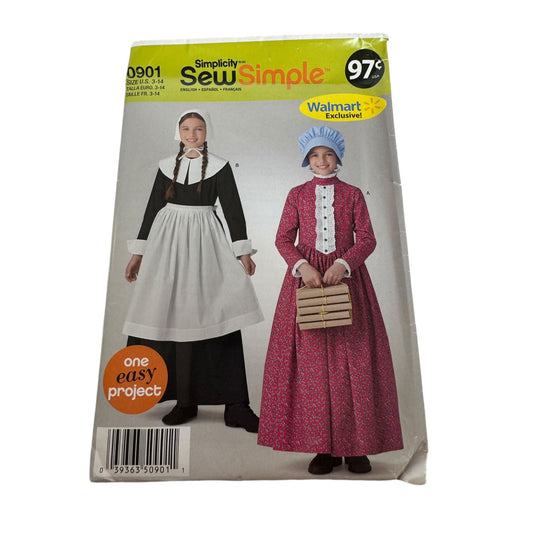 Simplicity Sewing Pattern 0901 Girls Pilgrim Costume Pioneer Prairie Dress 3-14