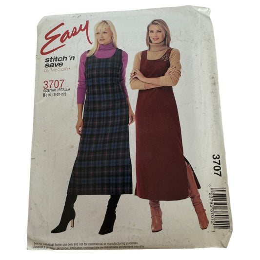 McCalls Sewing Pattern 3707 Jumper Back Zipper Fall Modest Casual 16 18 20 22 UC