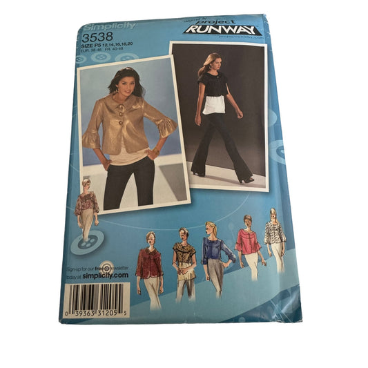 Simplicity 3538 Project Runway Sewing Pattern Misses Jackets Sz 12-20