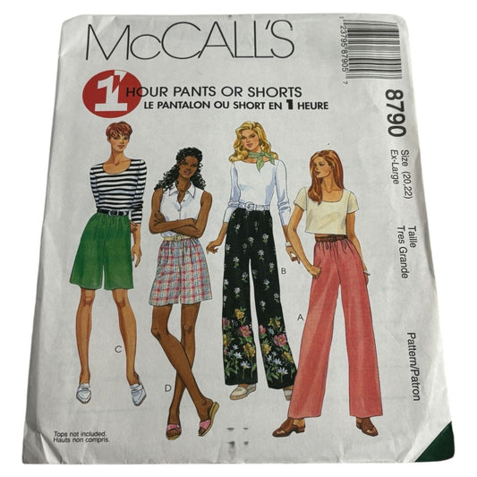 McCalls Sewing Pattern 8790 1-Hour Pants Shorts Elastic Waist Size 20 22 Uncut