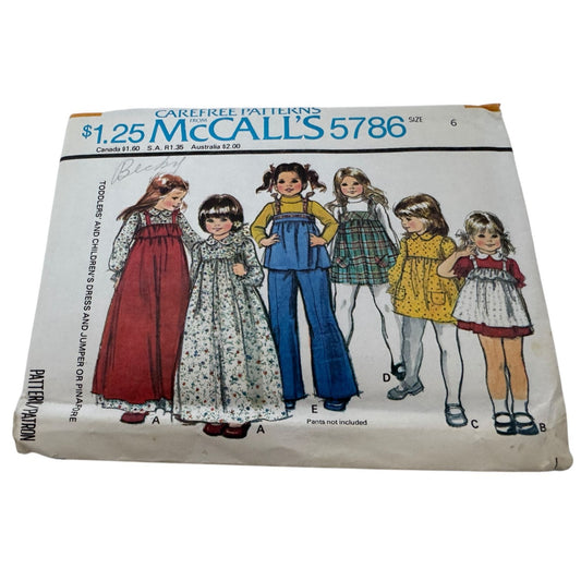 McCalls Sewing Pattern 5786 Girls Dress Jumper Pinafore Size 6 Vintage 1970s UC