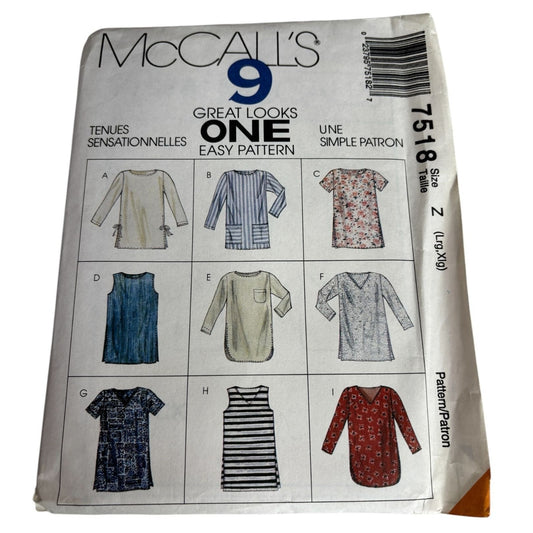 McCalls Sewing Pattern 7518 Misses Tunics Shirts Tops L XL Uncut 9 Great Looks