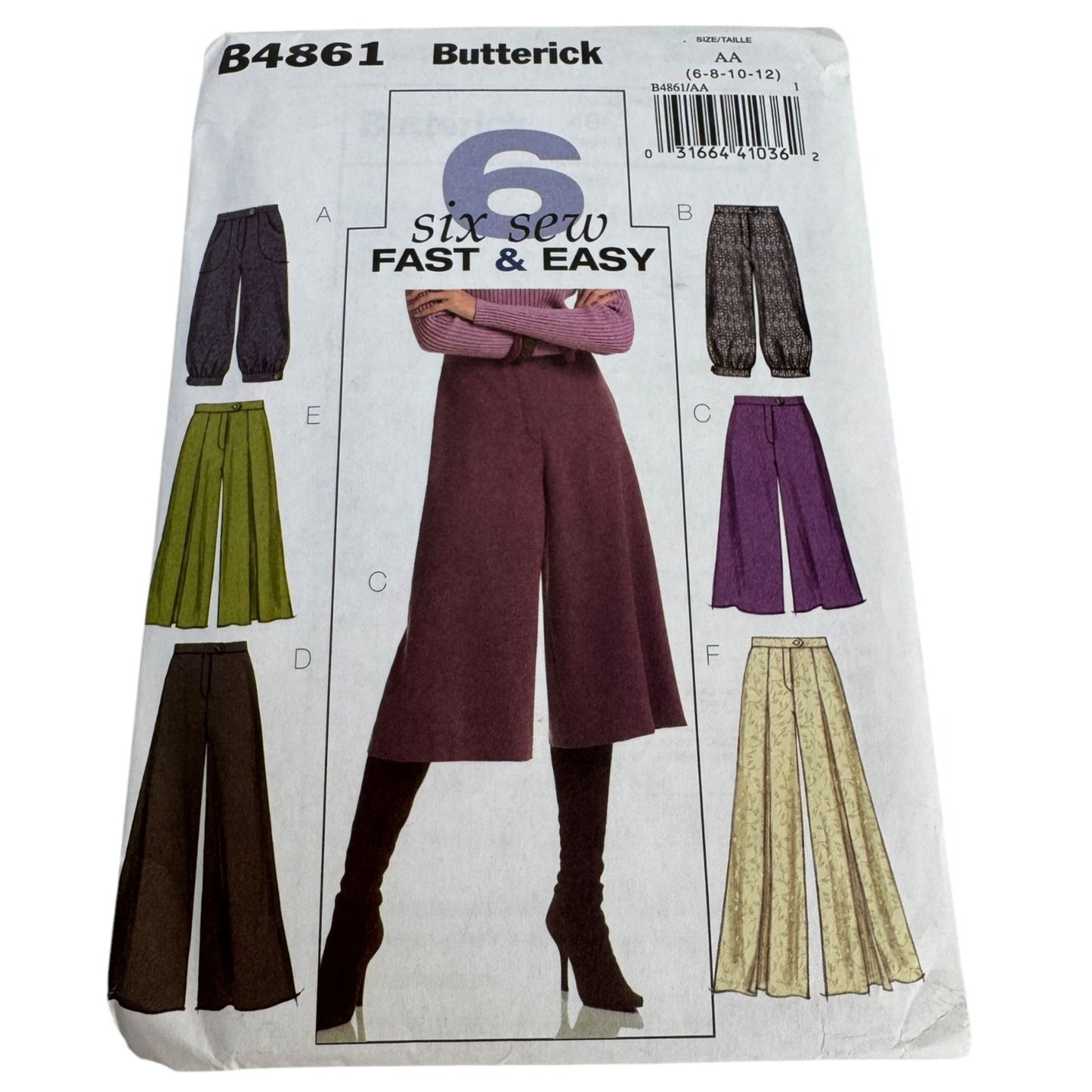 Butterick Sewing Pattern B4861 Gaucho Pants Six Sew Easy 6-12 Work Career Uncut