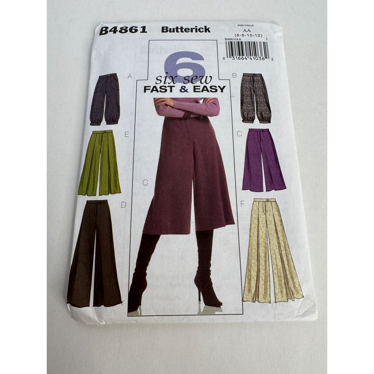 Butterick Sewing Pattern B4861 Gaucho Pants Six Sew Easy 6-12 Work Career Uncut