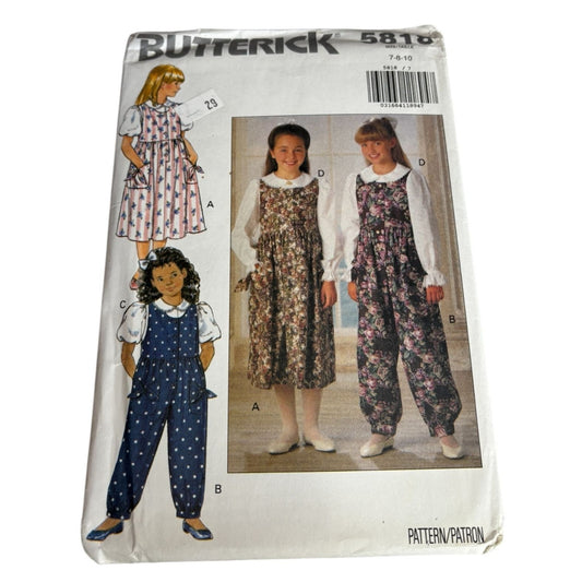 Butterick Sewing Pattern 5818 Girls Jumper Jumpsuit Blouse Shirt 7 8 10 Uncut