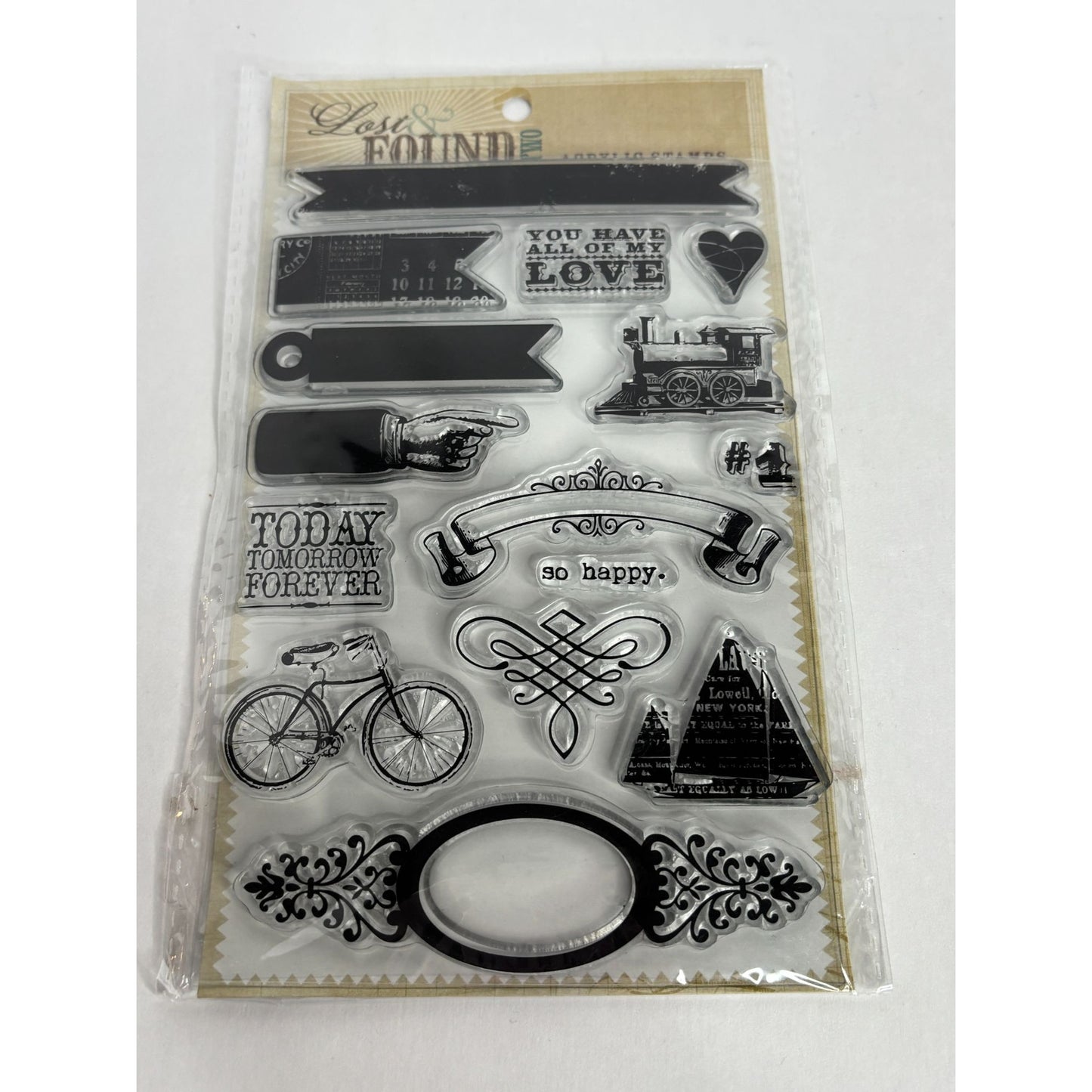 My Minds Eye Lost and Found Clear Acrylic Stamps Set Dream Bicycle Train Love