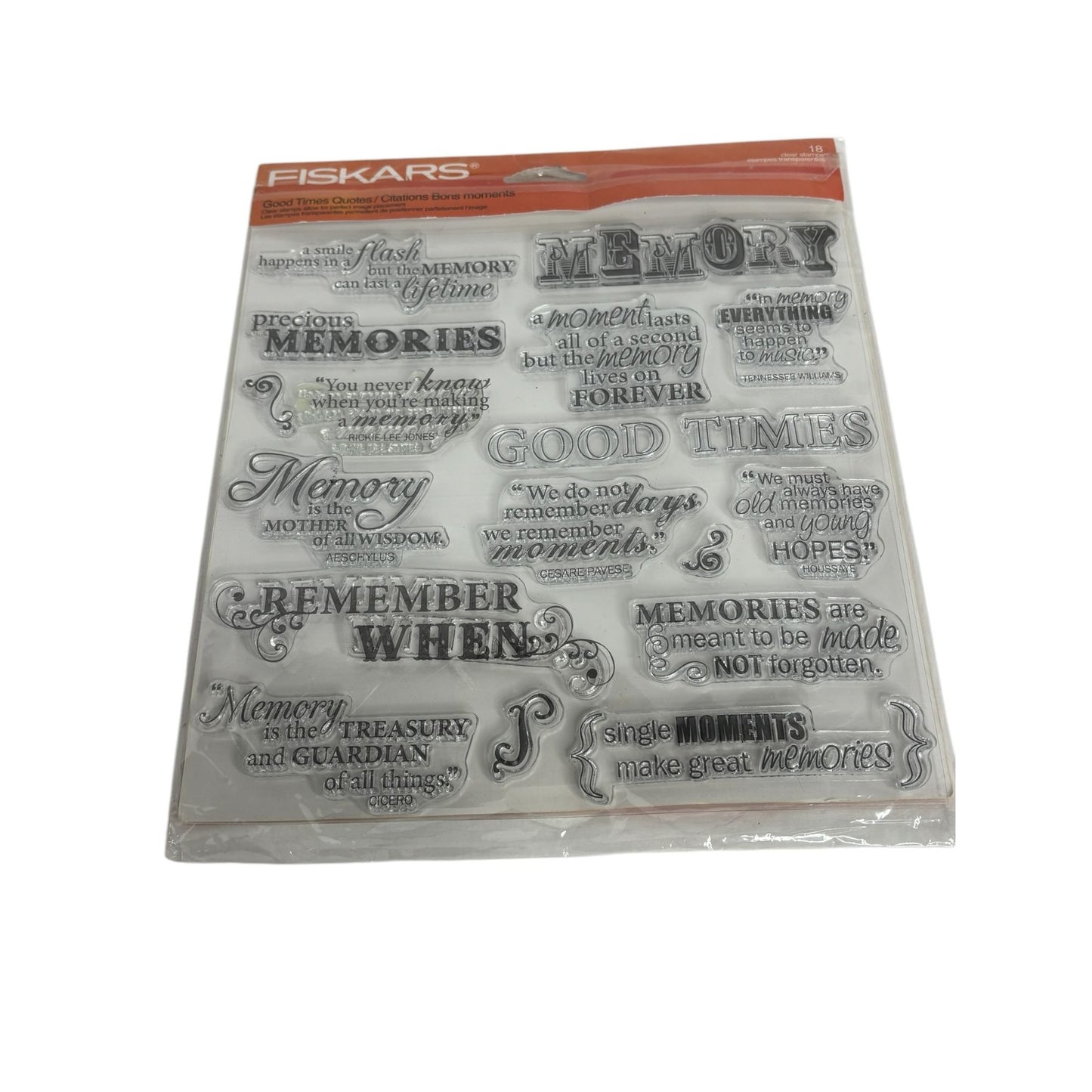 Fiskars Clear Acrylic Stamps Set Good Times Quotes Memory Memories Words Sayings