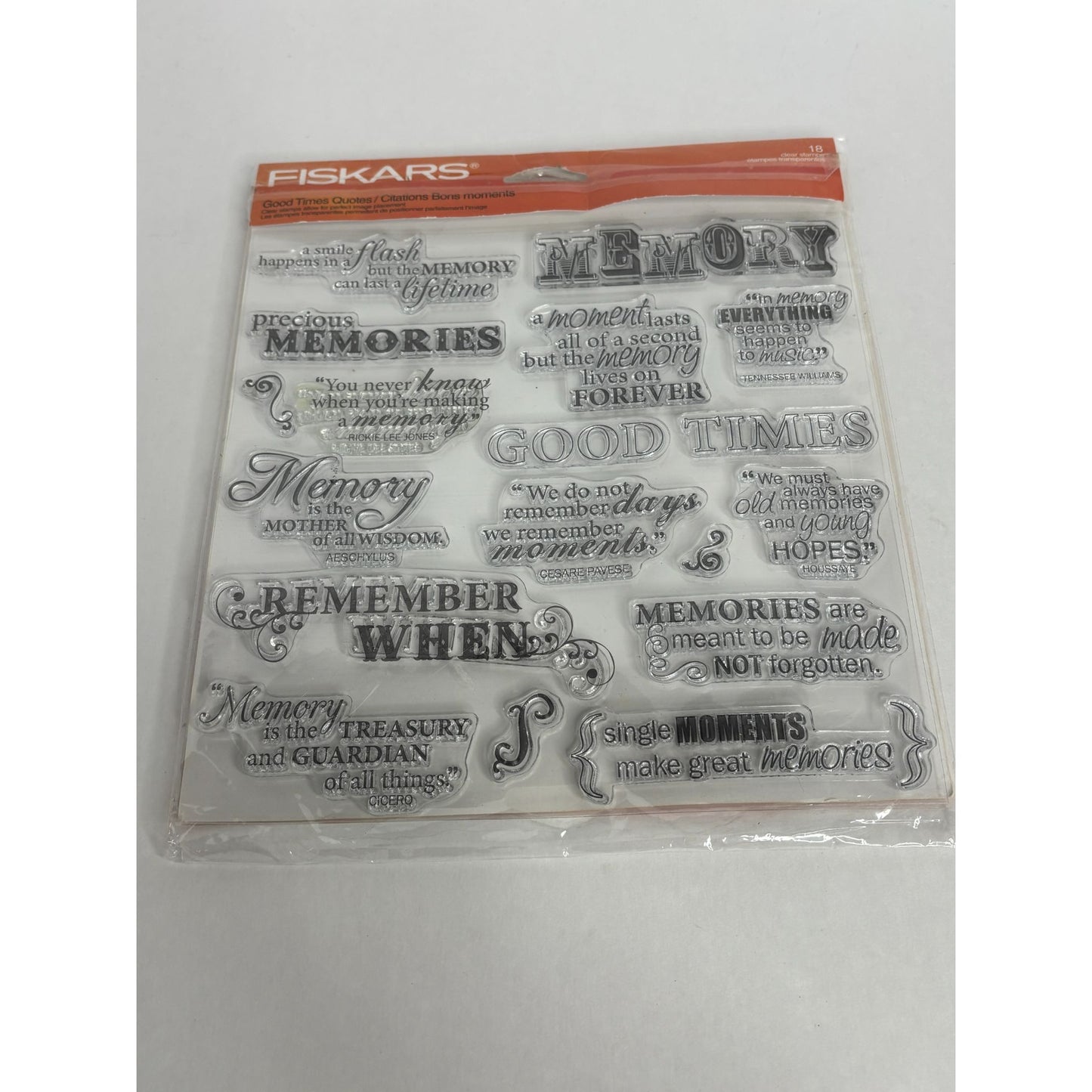 Fiskars Clear Acrylic Stamps Set Good Times Quotes Memory Memories Words Sayings