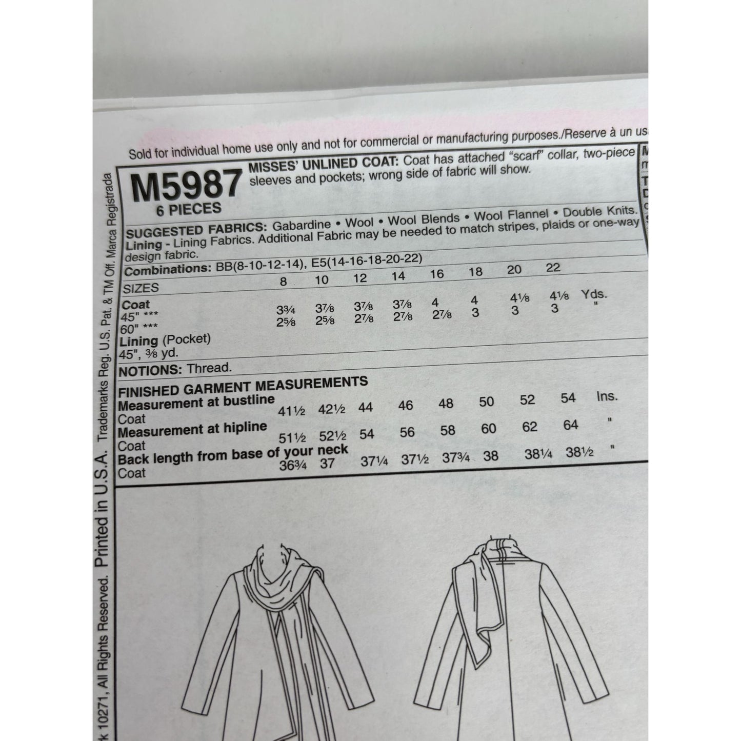 McCalls Sewing Pattern M5987 Womens Coat Attached Scarf Winter Uncut Sizes 8-14