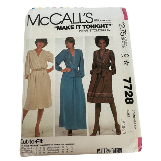 McCalls Sewing Pattern 7728 Long Dress and Tie Belt 16 18 20 Vintage 1980s Uncut