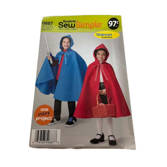 Simplicity Sewing Pattern 0887 Halloween Costume Cape Easy UC S M L 3-9 Uncut