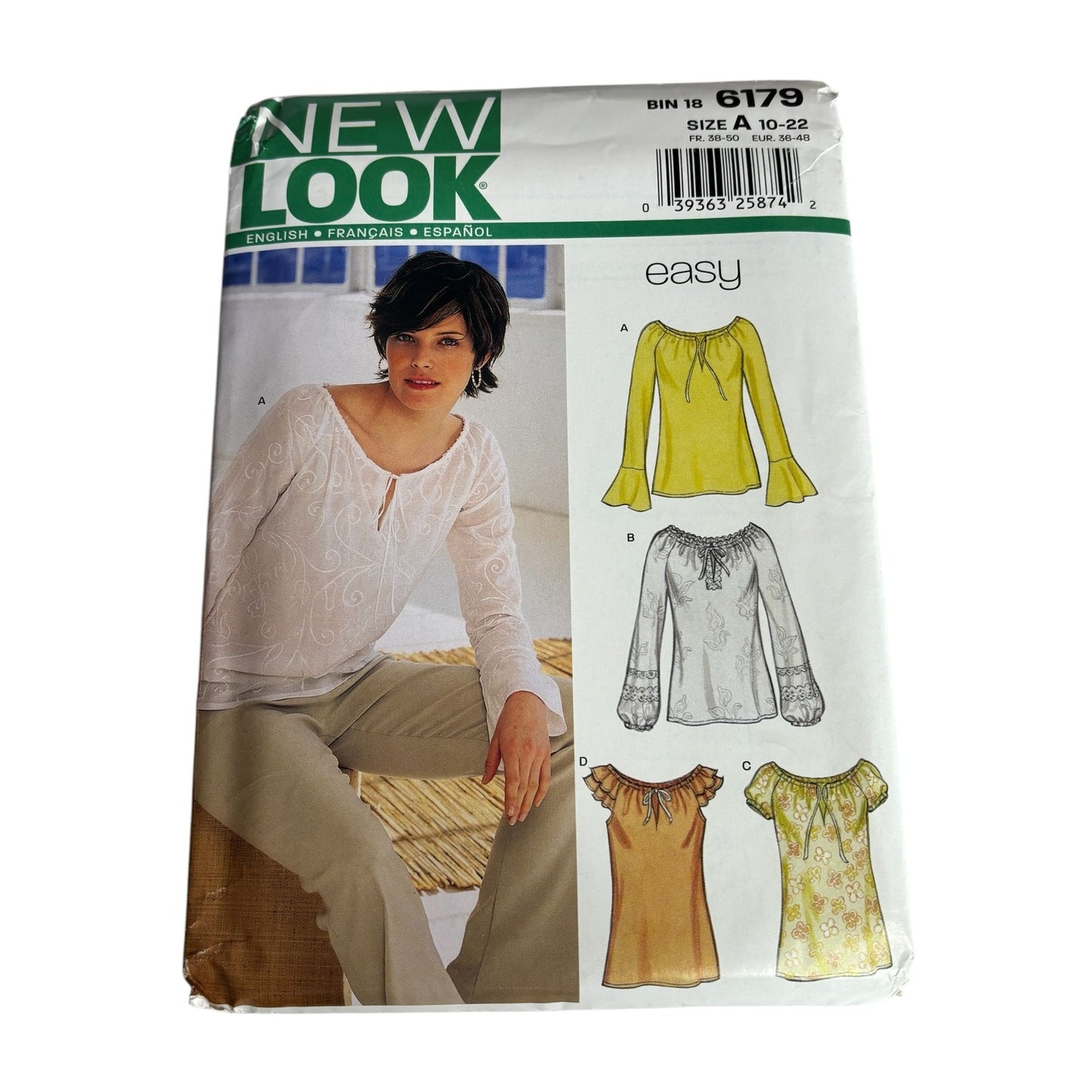 New Look Sewing Pattern 6179 Easy Peasant Blouses Shirts Tops Size 10-22 Uncut